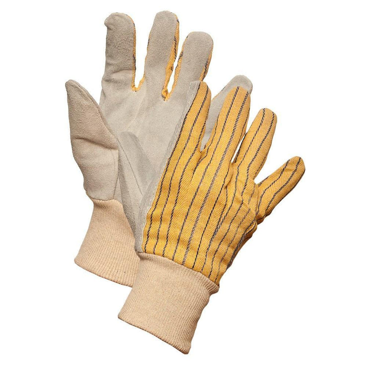 Striped Cotton Back Leather Palm Work Gloves with Knit Wrist - Hi Vis Safety